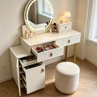 Table de maquillage professionnelle personnalisée avec éclairage LED, miroir tactile ovale, armoire latérale multi-tiroirs, bureau de maquillage