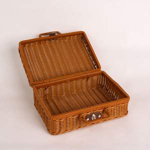 سلال نزهة صغيرة مستطيلة الشكل للأطفال مصنوعة من البلاستيك والراتان البني مع مقابض معدنية وقفل - Product Image 2