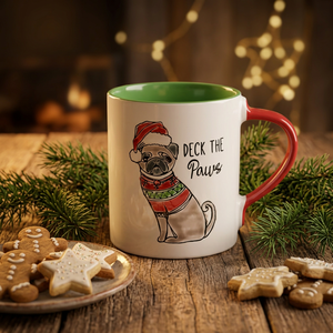 Support Customizing Cute <strong>Pug</strong> <strong>Mug</strong> Green Interior Red Handle Deck the Paws Print Festive Ceramic Coffee <strong>Mug</strong> for Christmas Gifting - Product Image 1