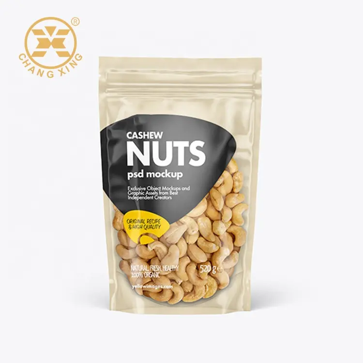Stand-Up Kraft Zip Seal Snack Pouch for Nuts Almonds Cashews Peanuts Granola Bag