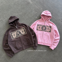OEM Pembe Fermuarlı Kapüşonlu Erkek Sweatshirt Yüksek Kalite Sokak Giyim Tarzı Düşük Omuz Cepli Yıkanmış Vintage Grafik Baskılı Özel Tasarım Kıyafetler