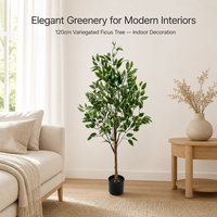 Arbre artificiel en ficus variegatus de 1,20 m, feuillage vert crème avec bordure blanche, plante en soie avec pot noir pour la décoration de boutique