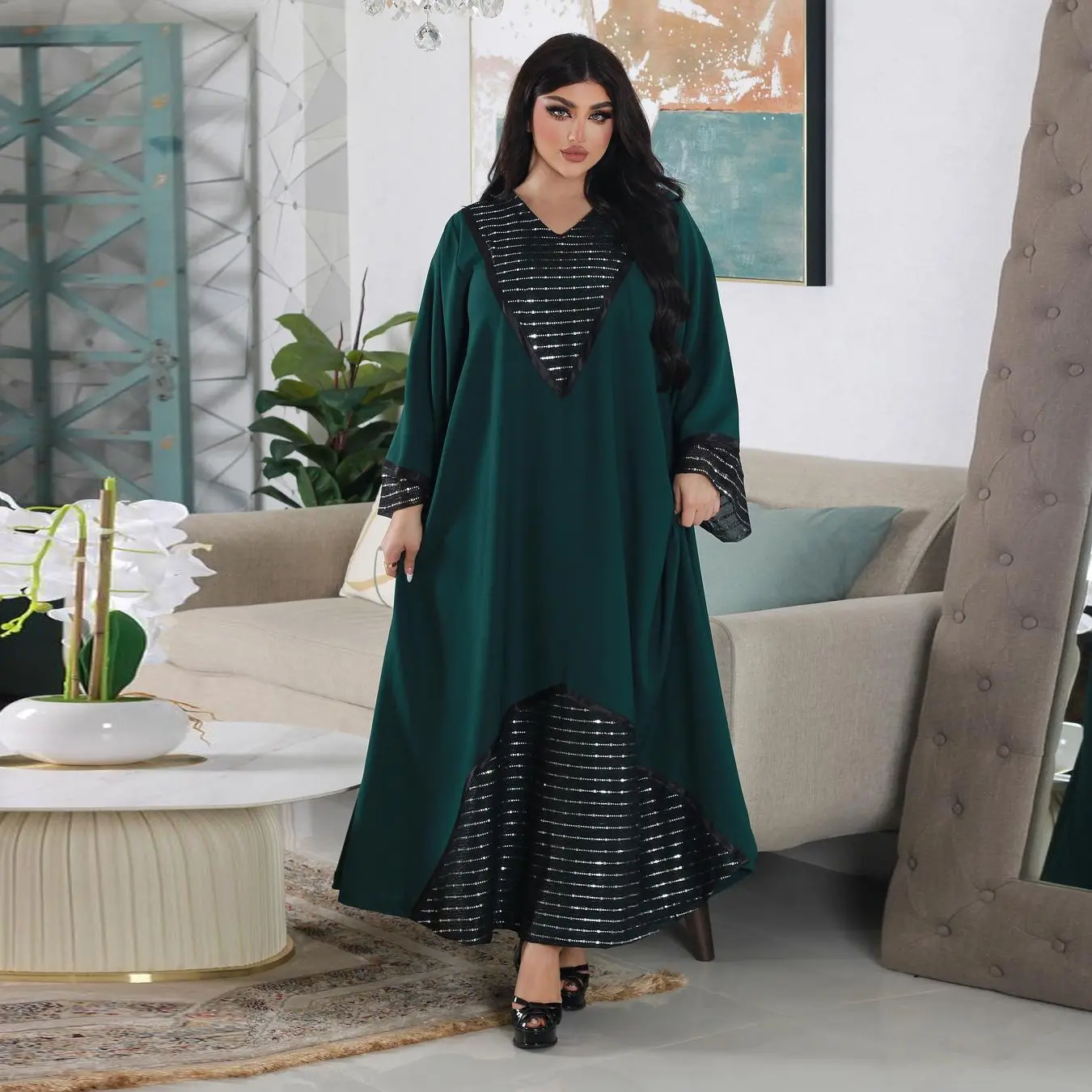 Dernières Abayas de Dubaï Turquie Patchwork Couleur Vert Et Noir Brillant Petites Perles V-Nack Pour Femmes Musulmanes