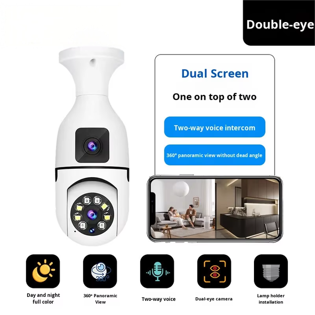 Dual Lens WiFi Security Camera, Dual Screen 1080P HD Bulb Camera, 360° PTZ Camera with Two-Way Audio