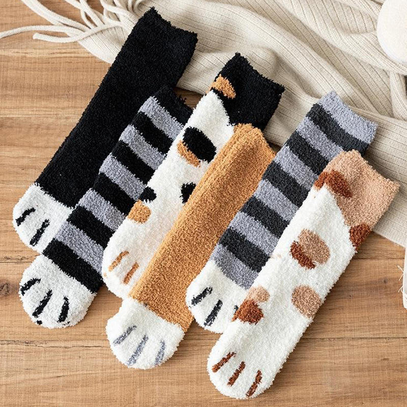 Cats Fashion Soft Fuzzy Knit Wholesale Animal Slipper Fluffy Women Custom Fleece Bed Cat Paw Sleeping Long Socks