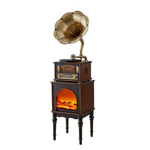 Tocadiscos vintage todo en uno con chimenea eléctrica, radio FM, altavoz, reproducción de 3 velocidades, audio doméstico, madera, Bluetooth y USB. - Product Image 1