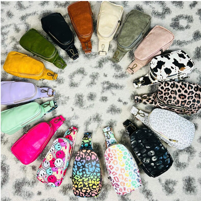 Vintage Vegan Crossbody Chest Bag Fanny Pack Fashion Ladies PU Leather Leopard Flower Crossbody Sling Bag