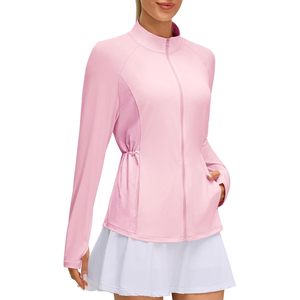 Camiseta de protección solar UPF 50+ para mujer, ligera, de manga larga, con cremallera, corte ajustado, cintura ceñida, chaqueta deportiva - Product Image 2
