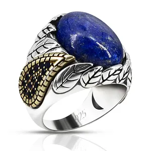 Fede nuziale da uomo in vero argento sterling 925 con anello Vintage con foglia fatta a mano in pietra blu lapislazzuli naturale