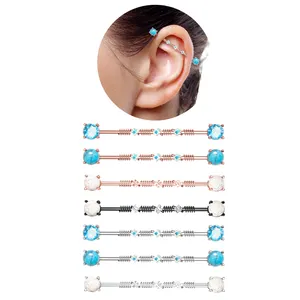 7 Pcs/Set手术钢工业杠铃穿孔锆石工业耳环耳屏耳朵量规身体珠宝穿孔