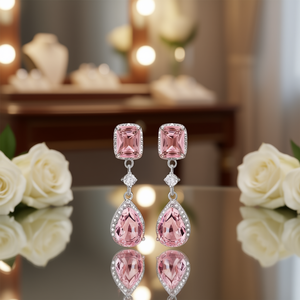 E3038 Orecchini pendenti con cristalli rosa, montatura in argento 925, gioielli da donna romantici per matrimonio - Product Image 2