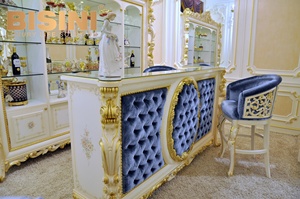 European Rococo Wooden Hand Carved <strong>Bar</strong> Cabinet With <strong>Grey</strong> Velvet Upholstery and Luxurious <strong>Bar</strong> <strong>Stool</strong> and Display Wine Cabinet - Product Image 4