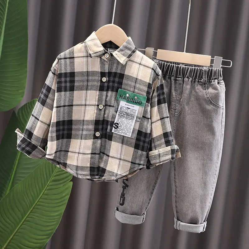 China Product Boys Fall Boutique Fashion Plaid Shirt Have Letters Set Clothes For Boys