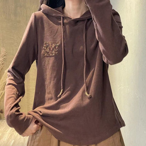 Women Hooded Long Sleeve Top Coffee Color Thermal Plus Size Autumn Winter Casual Wear - Product Image 1