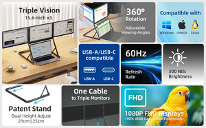 Moniteur triple écran 15,6'' FHD 2K IPS ultra-fin, écran HDMI/USB-C Plug-and-Play, écran d'ordinateur portable pliable pour jeux - Product Image 2