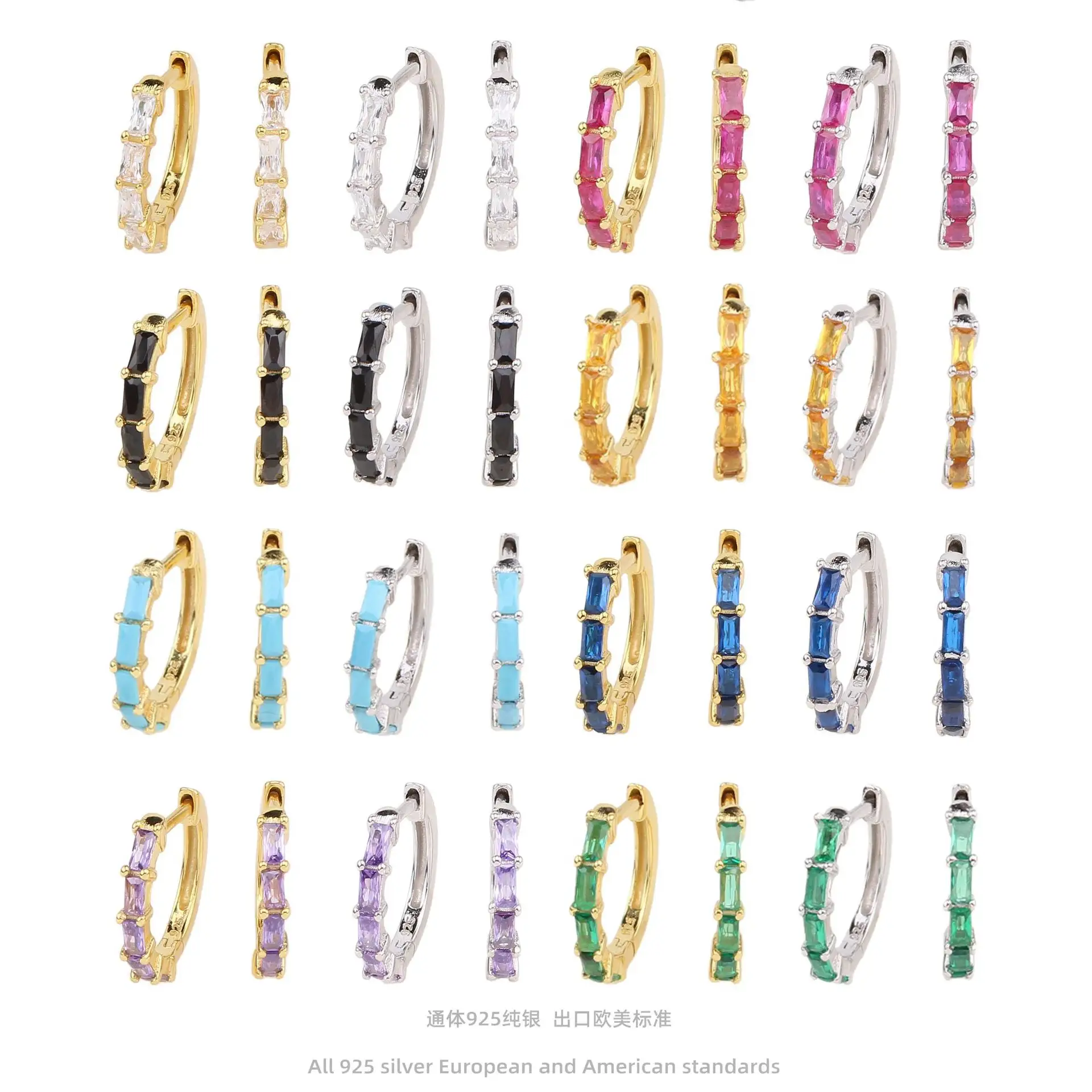 Wholesale 925 Silver 18K Plated Zircon Hoop Earrings Gold Multi Colored Rainbow Baguette Eternity Hoop Earrings for Women