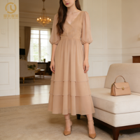 Robe longue en lin pour femme, collection été 2026, personnalisée, décontractée, élégante, unie, taille haute, col en V profond, demi-manches, avec bandage