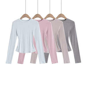 T-shirt côtelé à manches longues et col rond pour femme, couleur unie, tendance - Product Image 2