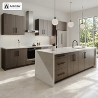 Meubles de cuisine RTA en placage de bois au design minimaliste, configuration îlot, boîtes de rangement en panneaux de particules et tiroirs