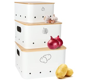 Set of Vegetable Storage Tins Set Metal Onion <strong>Garlic</strong> Potato <strong>Jars</strong> with Wooden Lid Cube Storage Bins &amp; Container - Product Image 4