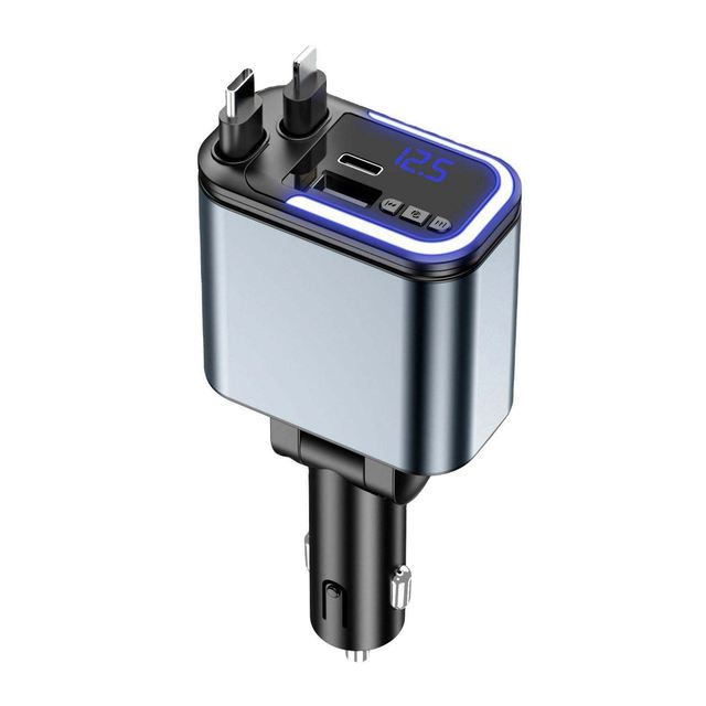 New Products 2025 120W Retractable Cable Adapter LED Digital Display 5In1 Car Charger Type-C PD Fast Charging USB-A Car Charger