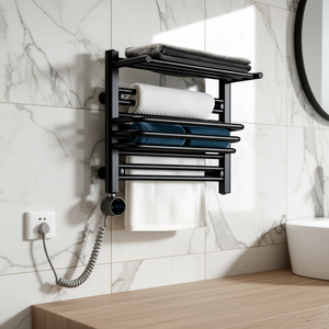 Calentador de Toallas Eléctrico Negro con Control de Temperatura, <span class=keywords><strong>Toallero</strong></span> Calefactado de Pared con Estante de Almacenamiento, Ideal para Apartamentos - Product Image 4