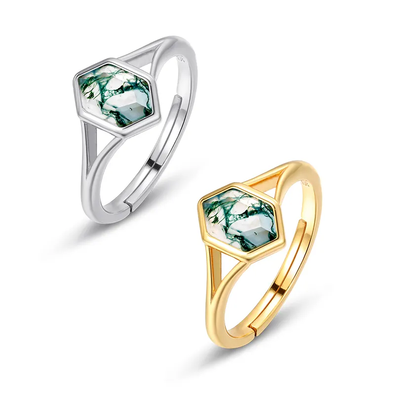 골드 버메일 빈티지 약혼 반지 세트 독특한 육각 돌 녹색 천연 이끼 마노 925 실버 결혼 반지