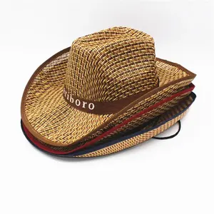 Atacado Logotipo Personalizado Verão Wide Brim Farmers Sunhats Ajustável Moda Western Straw Cowboy Hat Para Homens