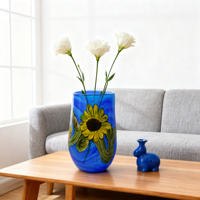 Vase en résine Art Déco de luxe avec motifs de tournesol et de tourbillons bleus - Vase à fleurs décoratif pour la décoration intérieure