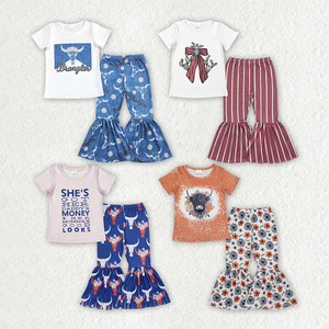 Tenues décontractées pour filles, style western, t-shirts à manches courtes imprimés et pantalons évasés élastiques, prêts à expédier - Product Image 1