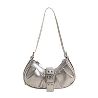 Sac à bandoulière en forme de croissant pour femme en cuir PU avec sangle à boucle réglable, design plissé brillant pour un usage quotidien décontracté