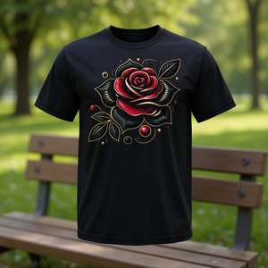 Camiseta Promocional con una Sola Rosa Roja Intensa en Fondo Negro - Product Image 3