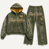 Ensemble de survêtements streetwear personnalisés : sweats à capuche oversize zippés et pantalons de survêtement à jambe droite, style vintage délavé avec strass