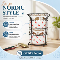 Ensemble de 4 bols en céramique motif cerf roux et élan doré avec support en métal noir, motif Fair Isle, plat de service décoratif pour la maison ou comme cadeau