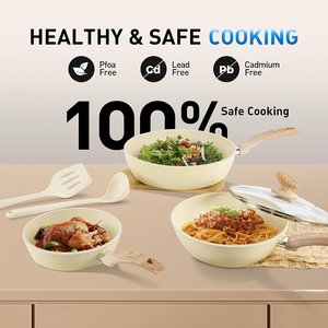 High Quality Ceramic Coated Non-Stick <b>Pots</b> Wooden Soft Touch Handle 12-Piece Beige Aluminum Induction Forged Cookware Set - Product Image 4