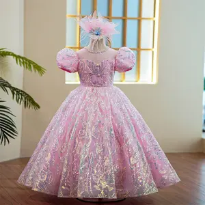 Mode Schöne Baby Blume Mädchen Hochzeit Prinzessin Kleid Geburtstag Festzug Luxus Weiß Erstkommunion Langes Kleid