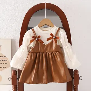 Falda de cuero de manga larga para vestidos de niña Princesa para niños 2024 primavera otoño nuevo vestido de niño pequeño