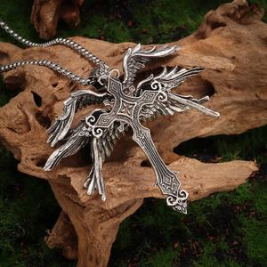 Vintage American Style Hip Hop Trend Necklace Silver Six Wings Angel Wings <b>Cross</b> Pendant on Link <b>Chain</b> Made of Zinc Alloy - Product Image 2