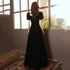 Black Velvet Evening Gown Square Collar A-Line Glitter Dress For Banquet Or Art Exam - Product Image 4