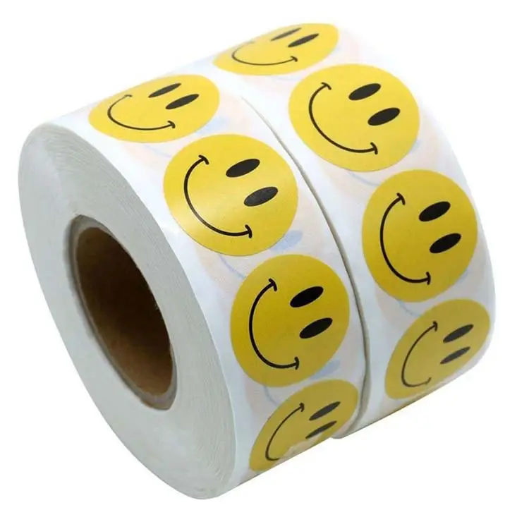 High Quality Round Circle Yellow Smiley Face Happy Adhesive Labels Sticker Roll