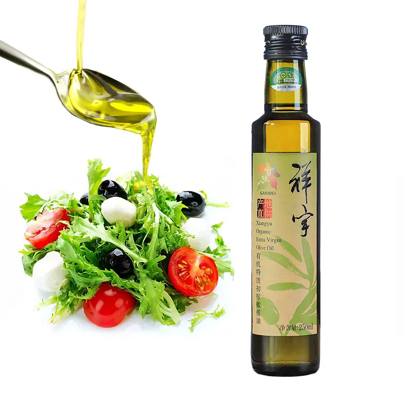 Chinese high quality artificial Pure Extra virgin olive oil 250ml*6bottles yellow gold bottle glass cooking wholesale