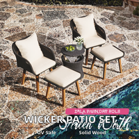 Conjunto de Muebles de Jardín Modernos de Ratán para Conversación al Aire Libre |   Sillas de Patio con Patas de Madera Ecológicas y Resistentes a los Rayos UV con Reposapiés y Mesa Refrigerante