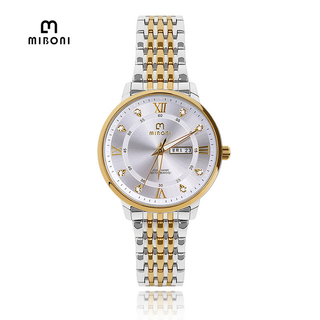 Fashion Casual Display Week and Date Luminous Pointer Alloy Case Stainless Steel Strap Men Quartz Wrist Watch