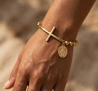 Bracelet personnalisé en acier inoxydable avec perles, croix latérale, médaille miraculeuse, chapelet, bijoux religieux, cadeau de baptême