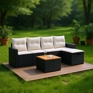 Conjunto de Sofás de Jardín en Negro y Crema, Muebles de Exterior de Ratán PE con Cojines de Espuma de Alta Densidad, Diseño Contemporáneo - Product Image 2
