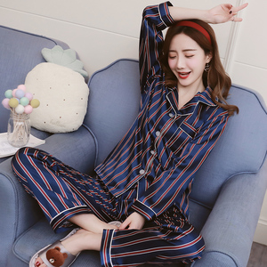 Ensemble de pyjama deux pièces en satin de soie imprimé à rayures, pyjama en satin à manches longues - Product Image 1