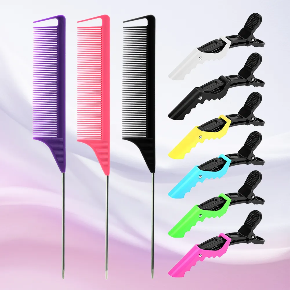 Color Cutting Comb Stainless Steel Anti Static Hair Cutting Comb Hair Comb 3 In 1 Rat Tail Edge Brush With 6 Hair Clips Set