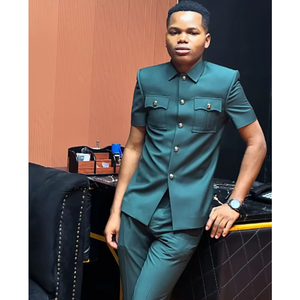 Completo da uomo in stile safari, tuta cinese su misura, di alta qualità, monopetto, casual, due pezzi: blazer corto + pantaloni - Product Image 1