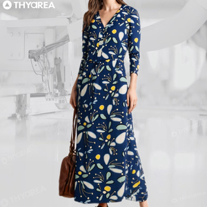 OEKO TEX all'ingrosso su misura di abbigliamento fabbricazione di <span class=keywords><strong>moda</strong></span> <span class=keywords><strong>Design</strong></span> scollo a v stampato manica 3/4 abito da donna per le vacanze - Product Image 1