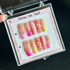 <span class=keywords><strong>Uñas</strong></span> postizas 3D con diseño floral y pedrería, de acrílico, medianas, estilo ataúd cuadrado, de lujo - Product Image 3